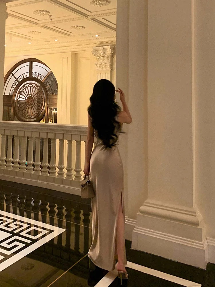 Sheath Straps Satin Champagne Prom Dresses Birthday Outfits Evening Gown SD869