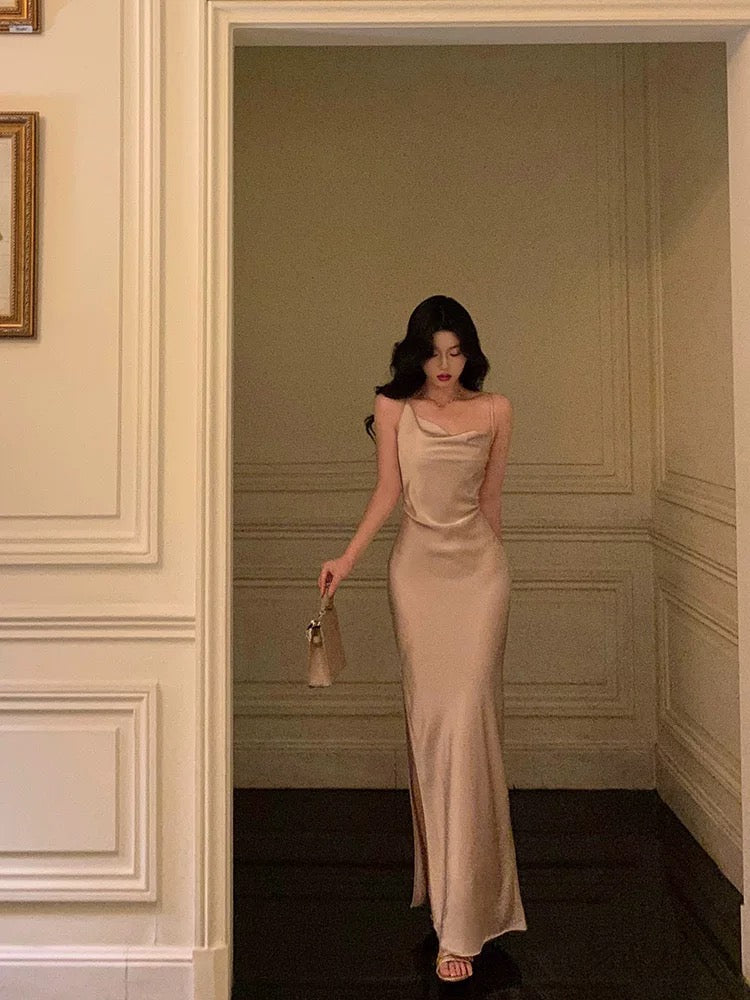 Sheath Straps Satin Champagne Prom Dresses Birthday Outfits Evening Gown SD869