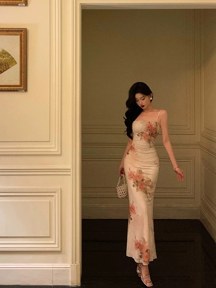 Sheath Spaghetti Straps Pink Floral Prom Dresses Birthday Outfits Evening Gown SD870