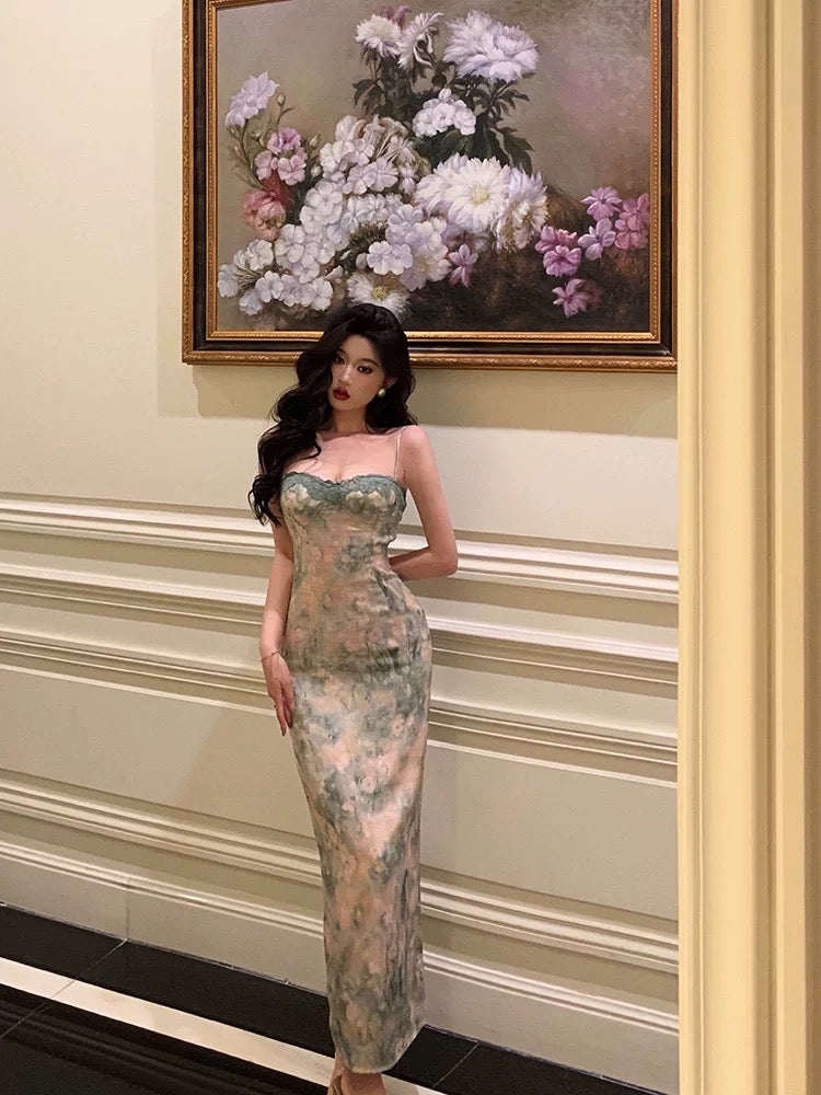 Sheath Spaghetti Straps Green Floral Lace Prom Dresses Birthday Outfits Evening Gown SD875