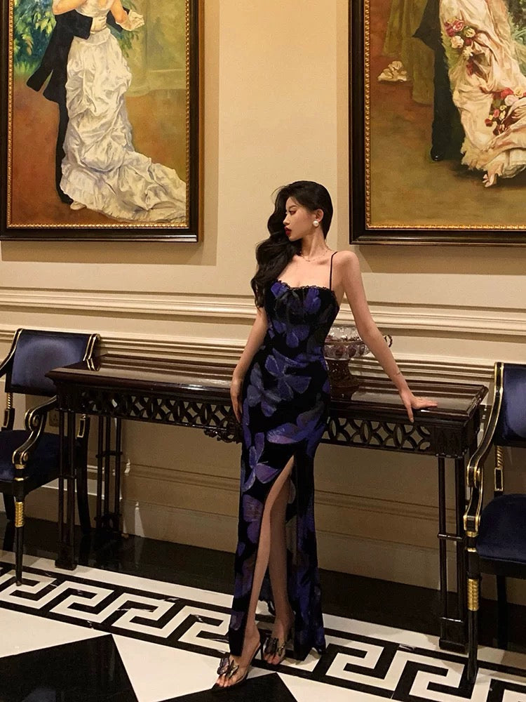 Sheath Spaghetti Straps Royal Blue Floral Prom Dresses Birthday Outfits Evening Gown SD878