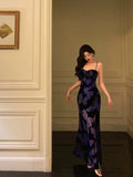 Sheath Spaghetti Straps Royal Blue Floral Prom Dresses Birthday Outfits Evening Gown SD878