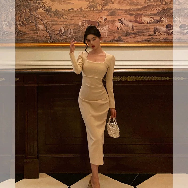 Sheath Square Neckline Long Sleeves Date Night Dress Prom Dresses Birthday Party Outfit SD881