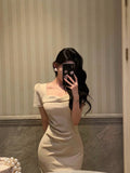 Sheath Square Neckline Short Sleeves Date Night Dress Prom Dresses Birthday Party Outfit SD882