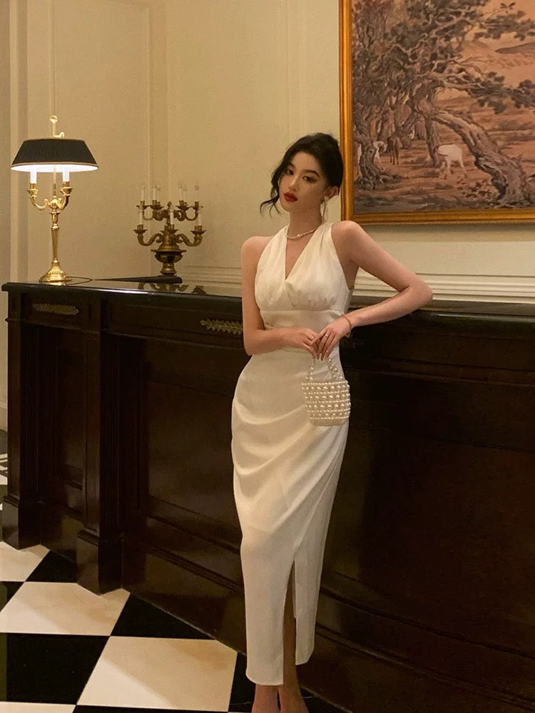 Sheath V Neckline Sleeveless Date Night Dress White Prom Dresses Birthday Party Outfit SD887