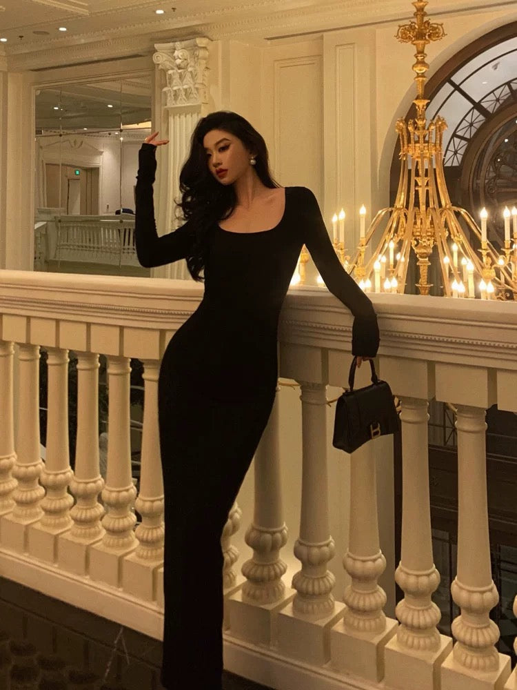 Sheath Square Neckline Long Sleeves Black Date Night Dress Prom Dresses Birthday Party Outfit SD888