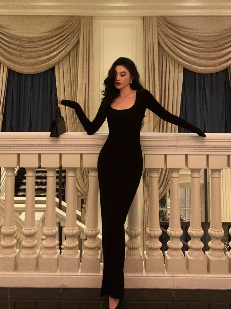 Sheath Square Neckline Long Sleeves Black Date Night Dress Prom Dresses Birthday Party Outfit SD888