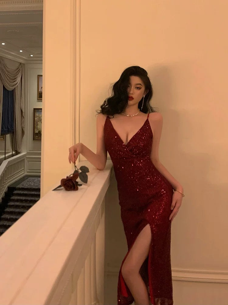 Sheath Spaghetti Straps Red Sequin Prom Dresses Birthday Outfits Evening Gown SD889