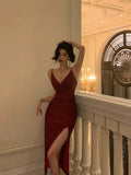 Sheath Spaghetti Straps Red Sequin Prom Dresses Birthday Outfits Evening Gown SD889