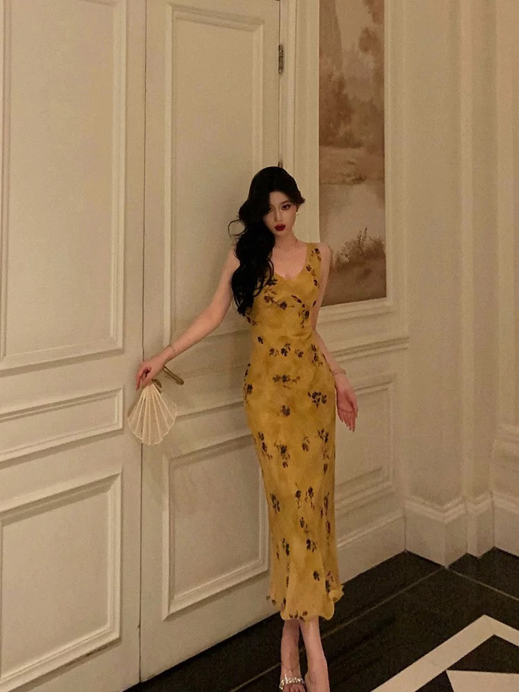 Sheath V Neckline Yellow Floral Date Night Dress Prom Dresses Birthday Party Outfit SD890