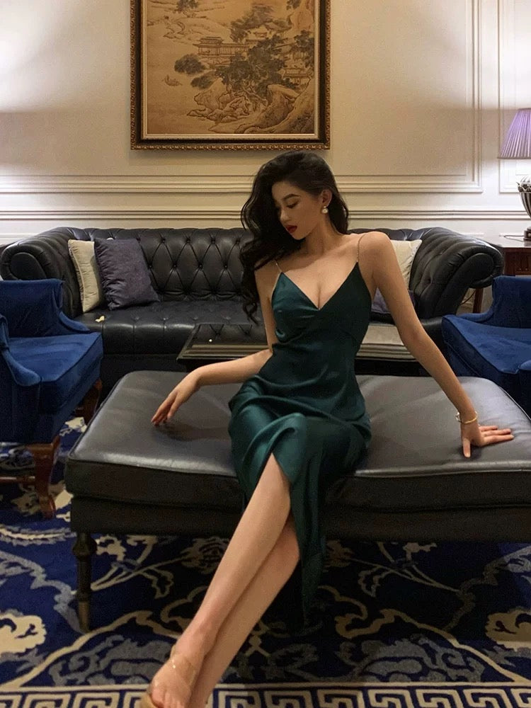 Sheath Spaghetti Straps Dark Green Satin Prom Dresses Birthday Outfits Evening Gown SD902