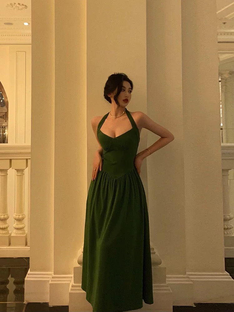 A Line Halter Dark Green Prom Dresses Birthday Outfits Evening Gown SD903