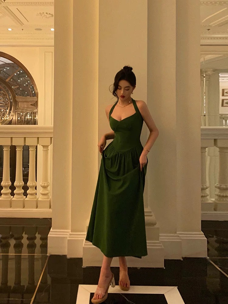 A Line Halter Dark Green Prom Dresses Birthday Outfits Evening Gown SD903