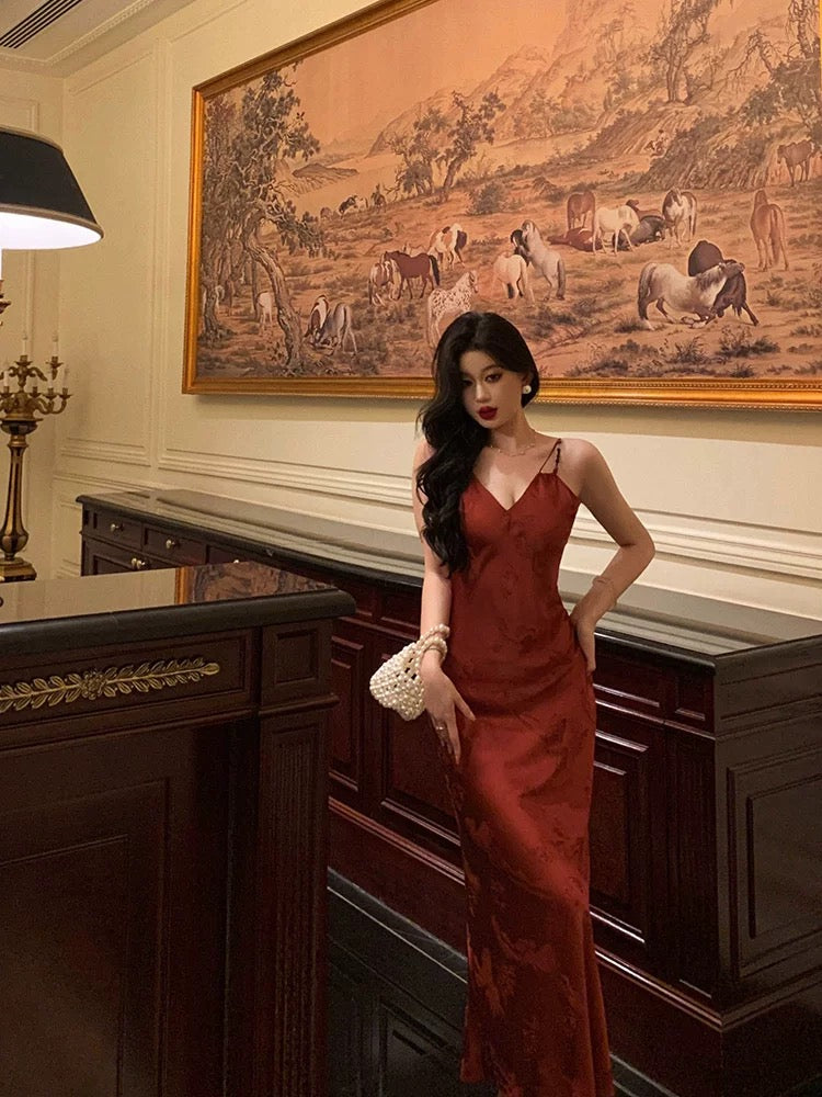 Sheath Spaghetti Straps Red Lace Prom Dresses Birthday Outfits Evening Gown SD904