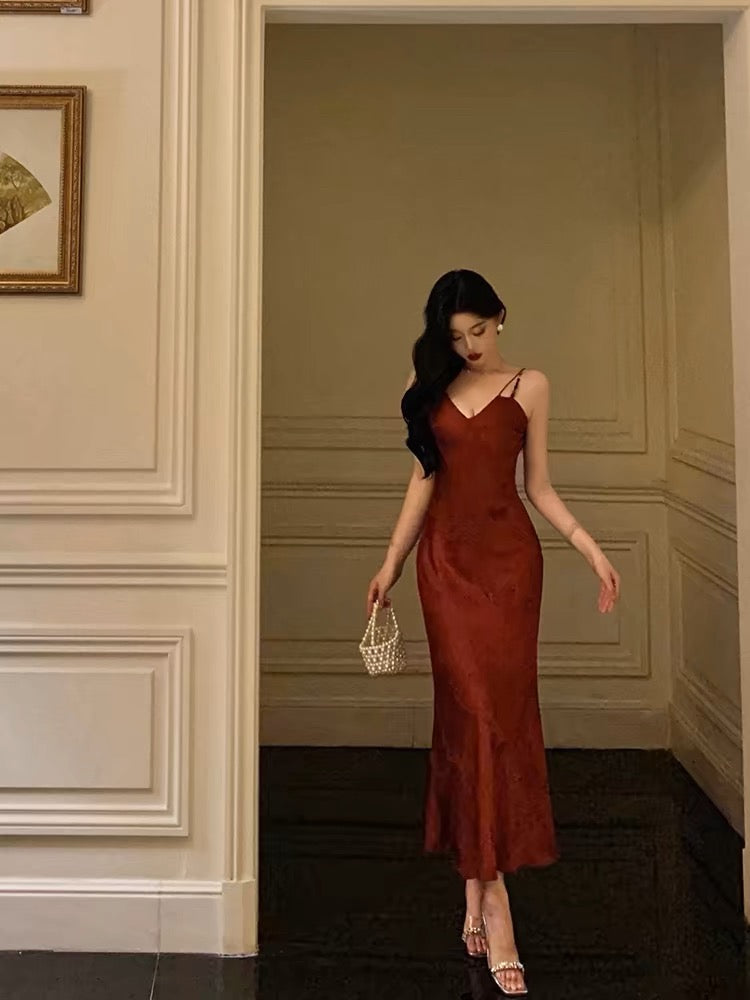 Sheath Spaghetti Straps Red Lace Prom Dresses Birthday Outfits Evening Gown SD904