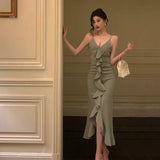 Sheath Spaghetti Straps Green Ruffles Prom Dresses Birthday Outfits Evening Gown SD915