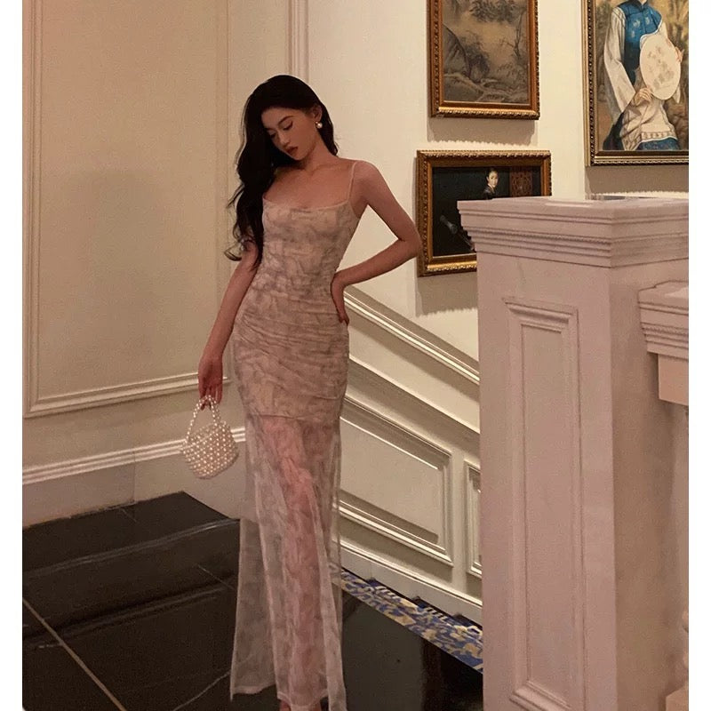 Sheath Spaghetti Straps Floral Long Prom Dresses Birthday Outfits Evening Gown SD916