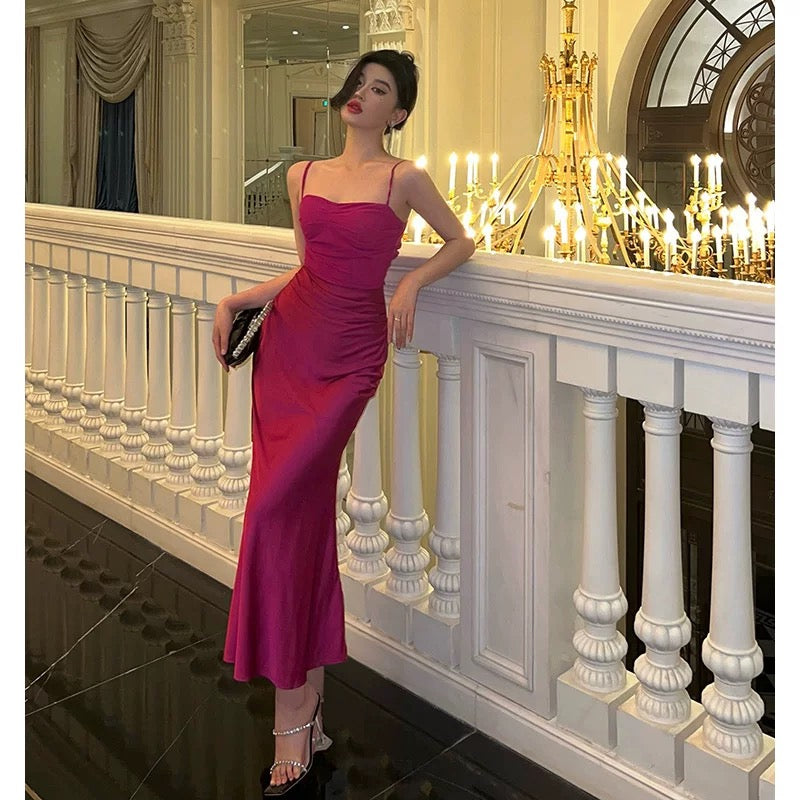 Sheath Spaghetti Straps Hot Pink Satin Prom Dresses Birthday Outfits Evening Gown SD918