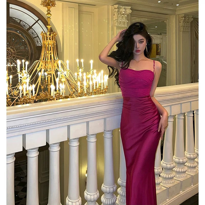 Sheath Spaghetti Straps Hot Pink Satin Prom Dresses Birthday Outfits Evening Gown SD918