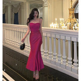 Sheath Spaghetti Straps Hot Pink Satin Prom Dresses Birthday Outfits Evening Gown SD918