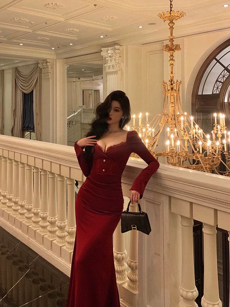 Sheath Sweetheart Red Ruffles Velvet Prom Dresses Birthday Outfits Evening Gown SD920