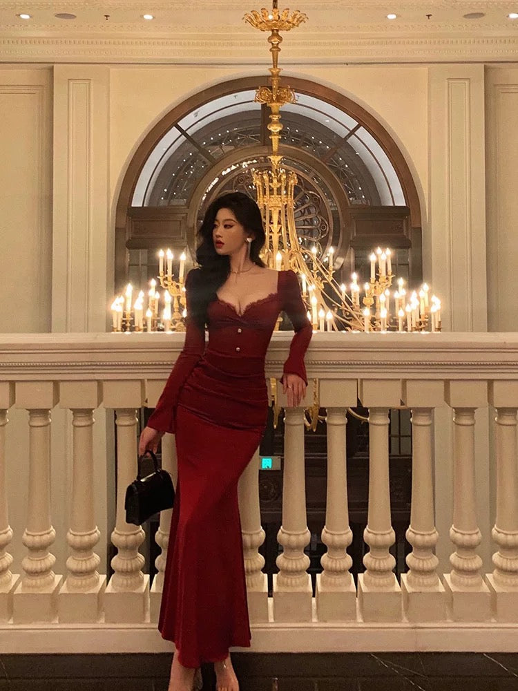 Sheath Sweetheart Red Ruffles Velvet Prom Dresses Birthday Outfits Evening Gown SD920