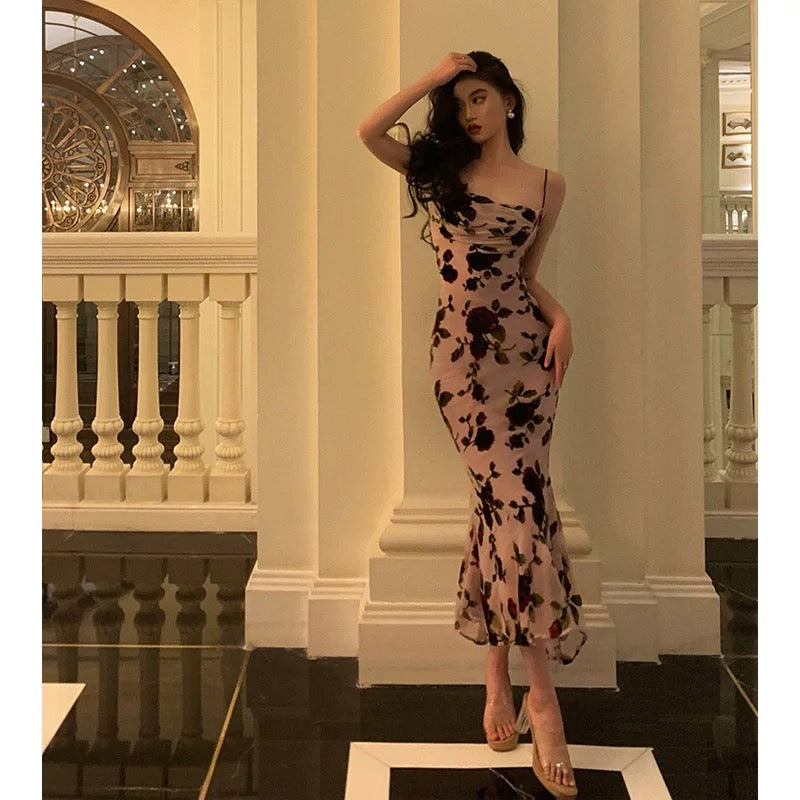 Sheath Spaghetti Straps Floral Backless Prom Dresses Birthday Outfits Party Dress SD942