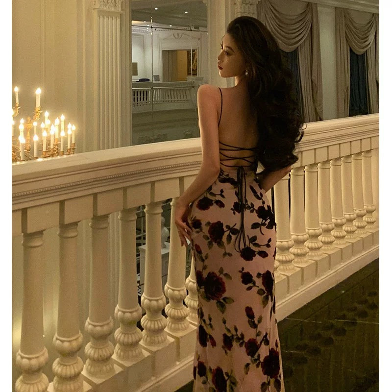 Sheath Spaghetti Straps Floral Backless Prom Dresses Birthday Outfits Party Dress SD942