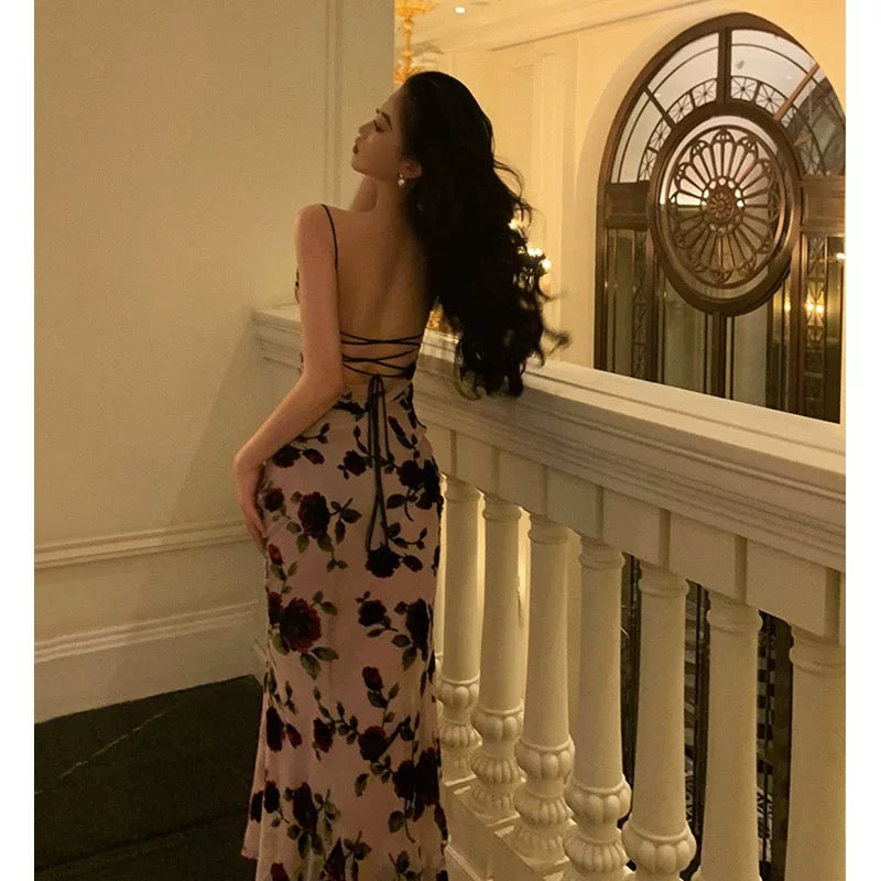 Sheath Spaghetti Straps Floral Backless Prom Dresses Birthday Outfits Party Dress SD942