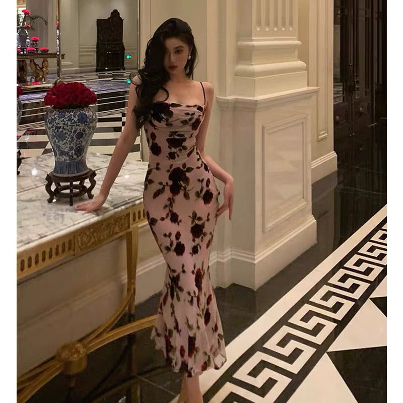 Sheath Spaghetti Straps Floral Backless Prom Dresses Birthday Outfits Party Dress SD942