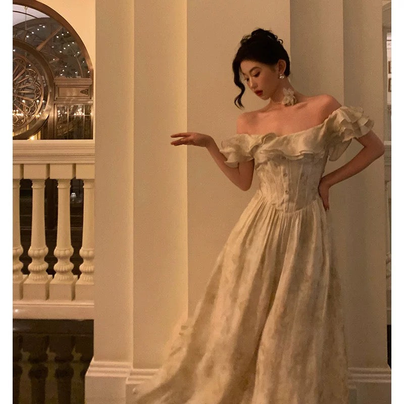 A Line Off The Shoulder Short Sleeves Floral Prom Dresses Birthday Outfits Evening Gown SD952