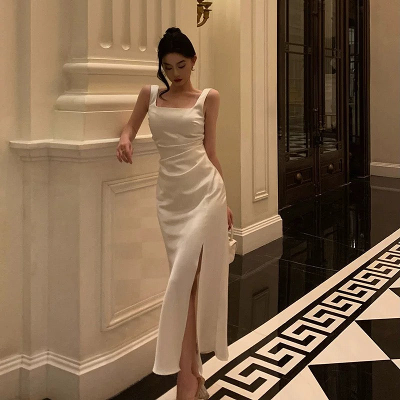 Sheath Straps White Slit Prom Dresses Birthday Outfits Evening Gown Party Dress SD988