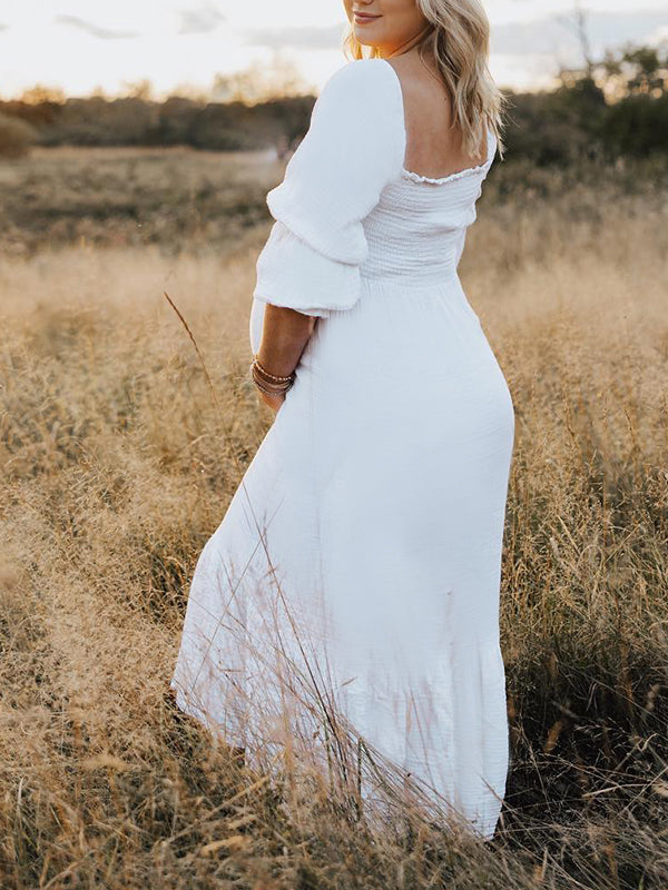 White Ruffle Ruched High Waist Puff Sleeve Cute Photoshoot Maternity Maxi Dress Maternity
