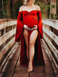 Solid Off Shoulder V-neck Slit Flare Sleeve Party Long Train Gown Maternity Photoshoot Maxi Dress Maternity