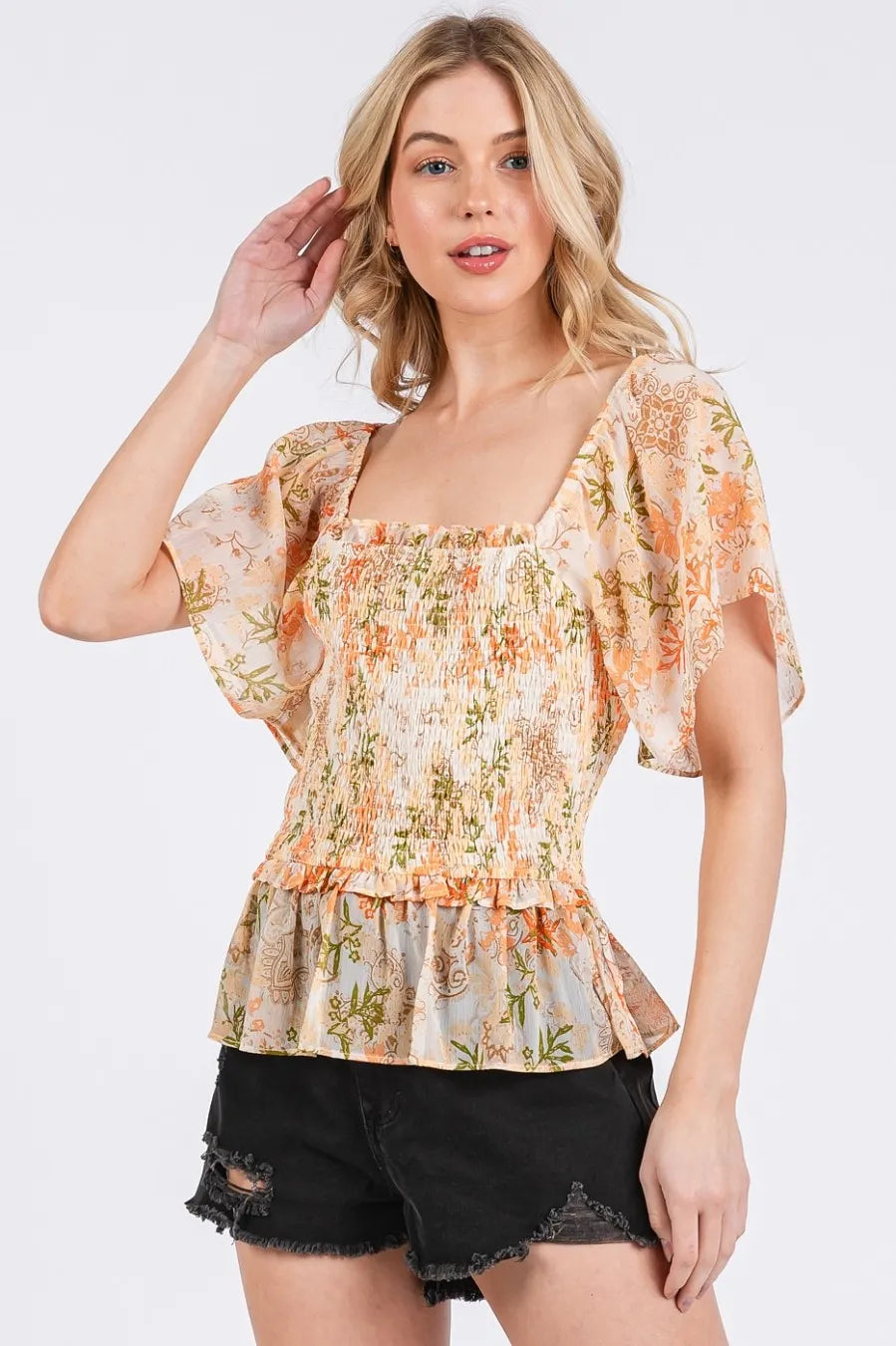 Floral Chiffon Smocked Square Neck Peplum Top DJPT