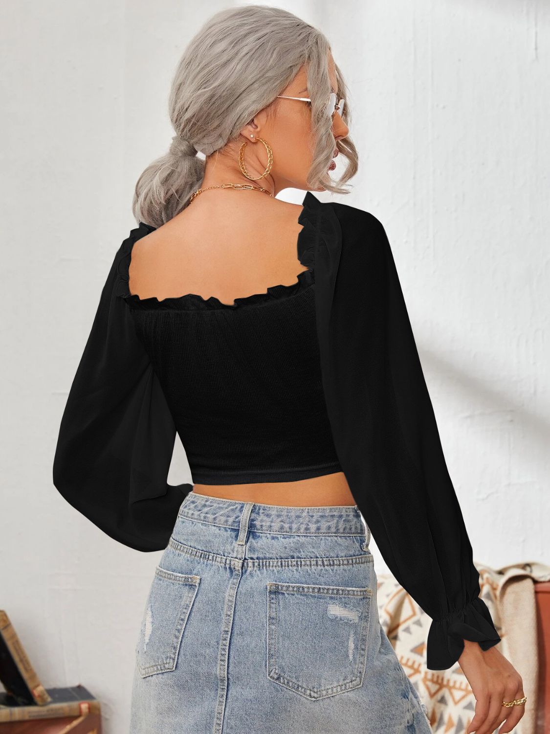 Sweetheart Neck Flounce Sleeve Top DJPT
