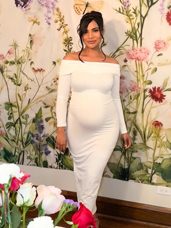 Elegant White Off Shoulder Bodycon Mermaid Falbala Floor Mopping Babyshower Maternity Photoshoot Maxi Dress Maternity