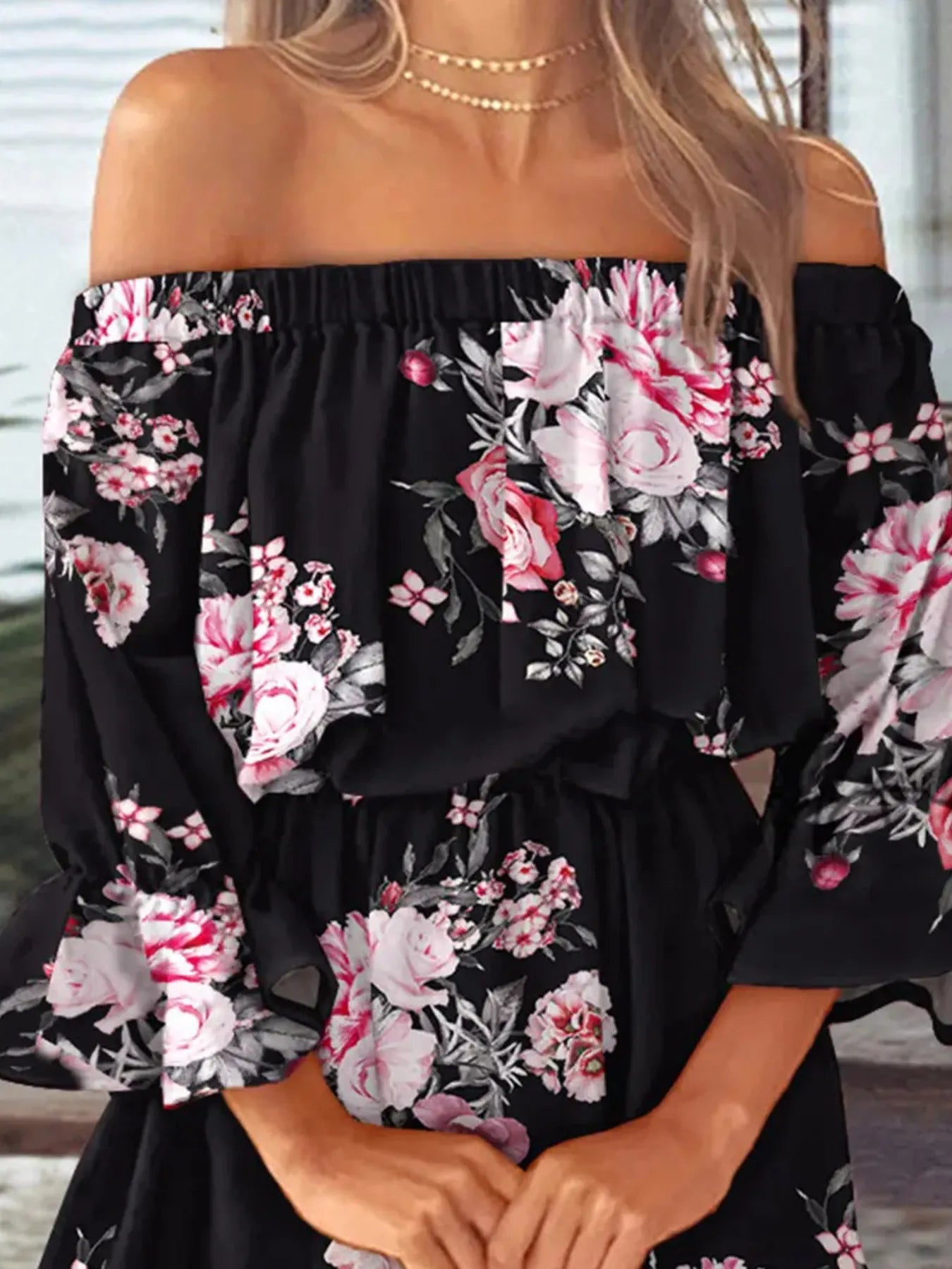 Size Floral Off-Shoulder Flounce Sleeve Mini Dress Plus Size DJPT