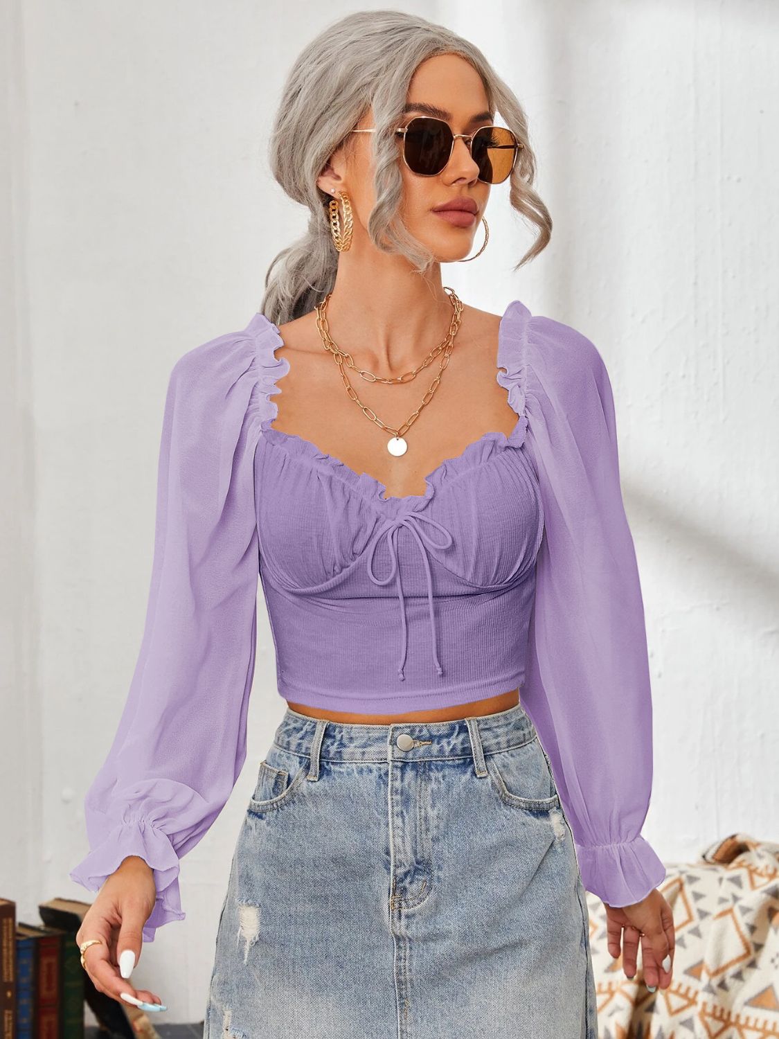 Sweetheart Neck Flounce Sleeve Top DJPT