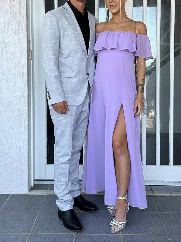 Flowy Chiffon Off Shoulder Ruffle Falbala Side Slit Big Swing Elegant Evening Gown Maternity Photoshoot Baby Shower Maxi Dress Maternity