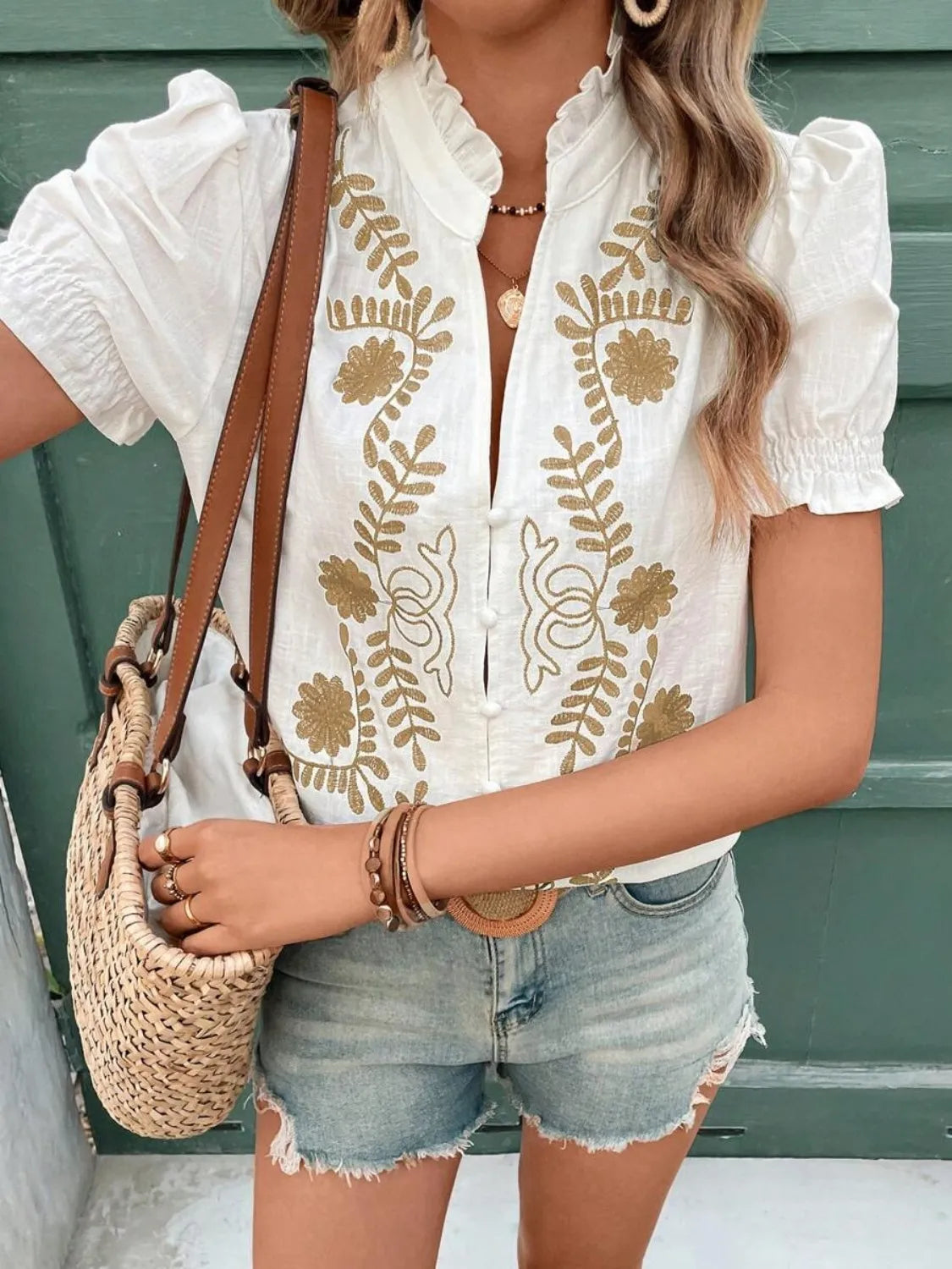 Frill Notched Short Sleeve Blouse DJPT