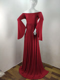 Solid Off Shoulder V-neck Slit Flare Sleeve Party Long Train Gown Maternity Photoshoot Maxi Dress Maternity