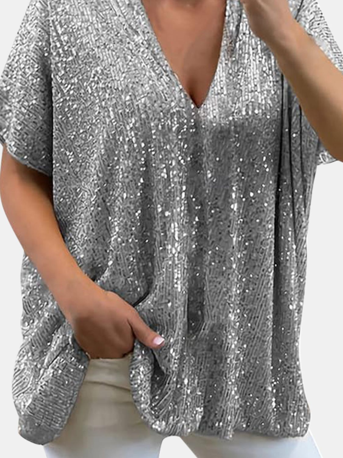 Size Sequin V-Neck Short Sleeve Top DJPT