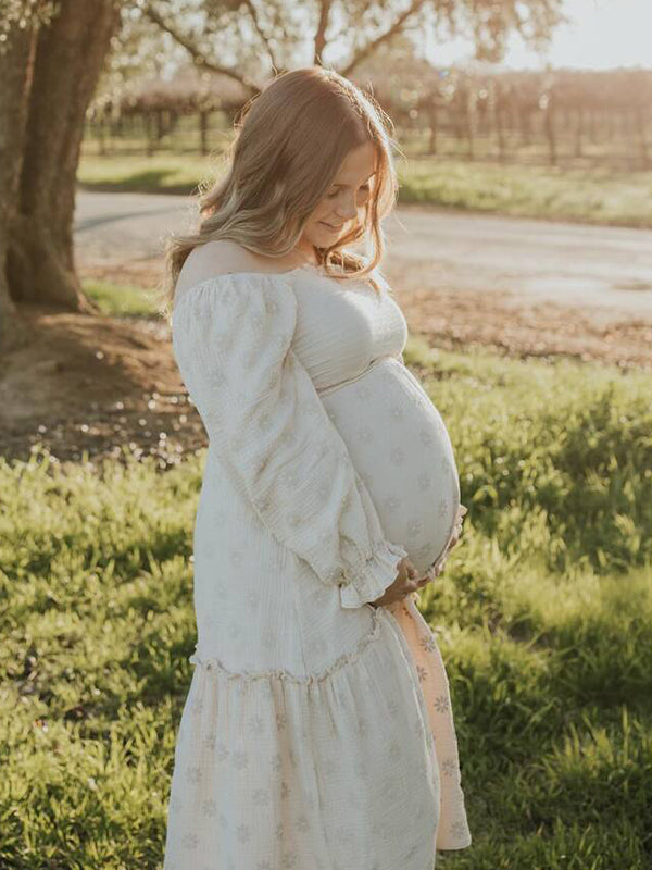 Apricot Daisy Print Smocked Off Shoulder Ruffle Big Swing Elegant Vacation Maternity Photoshoot Baby Shower Party Maxi Dress Maternity