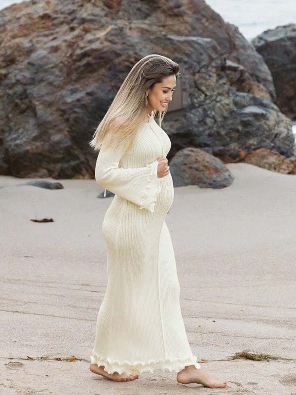White Knit Pleated Tie Back Ruffle Falbala Frill Hem Backless Big Swing Elegant Cocktail Party Gown Maternity Photoshoot Baby Shower Maxi Dress Maternity