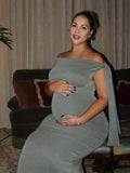Grey Asymmetric Shoulder Knotted One Shoulder Sleeveless Bodycon Elegant Cocktail Party Maternity Photoshoot Baby Shower Maxi Dress Maternity