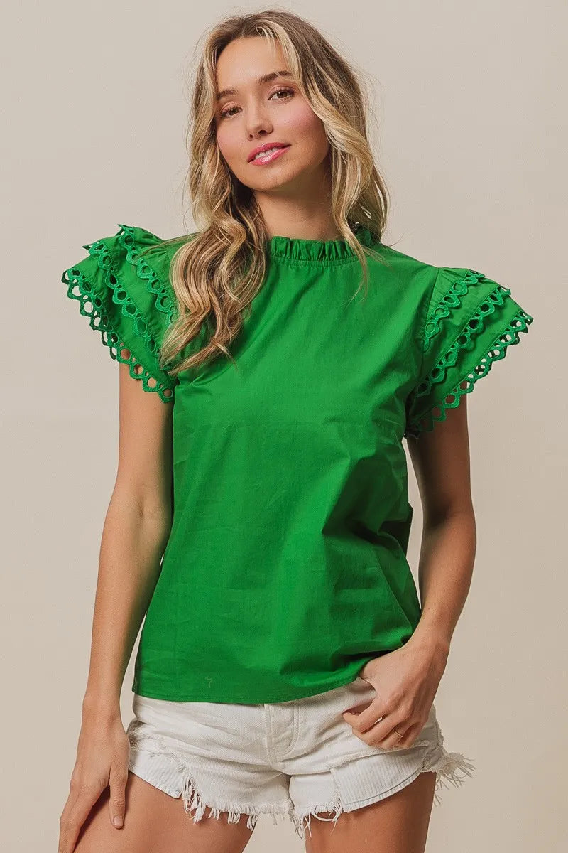 Solid Woven Circle Trim Ruffle Top DJPT