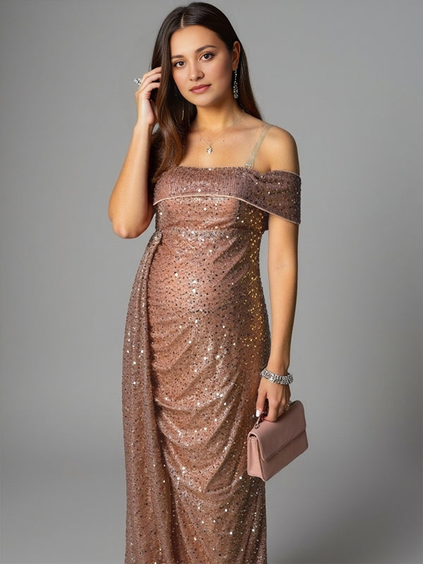 Sparkly Sequin Off Shoulder Side Slit Draped Evening Gown Maternity Photoshoot Elegant Baby Shower Party Maxi Dress Maternity