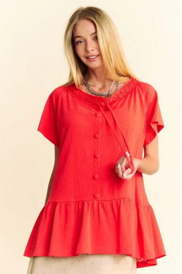 & Dani Solid Lace Trim Neck Short Sleeve Peplum Top DJPT