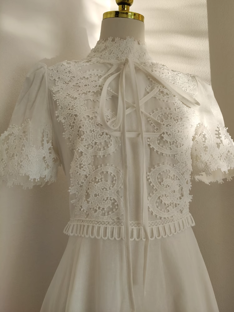 A line High Neckline Short Sleeves Lace White Party Dress Chiffon Holiday Dresses SD348